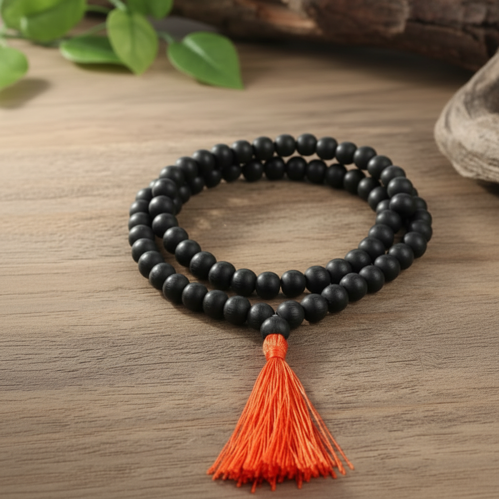 Original Karungli Mala Jaap Mala 100% Natural Unpolished 8-9 mm-Natural Black Ebony Wood