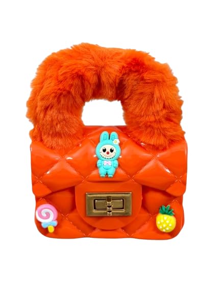 Buddy Cares Girls Hand-Held Quilted Sling Bag with Fur Handle and Charms – Kids Handbag – Orange