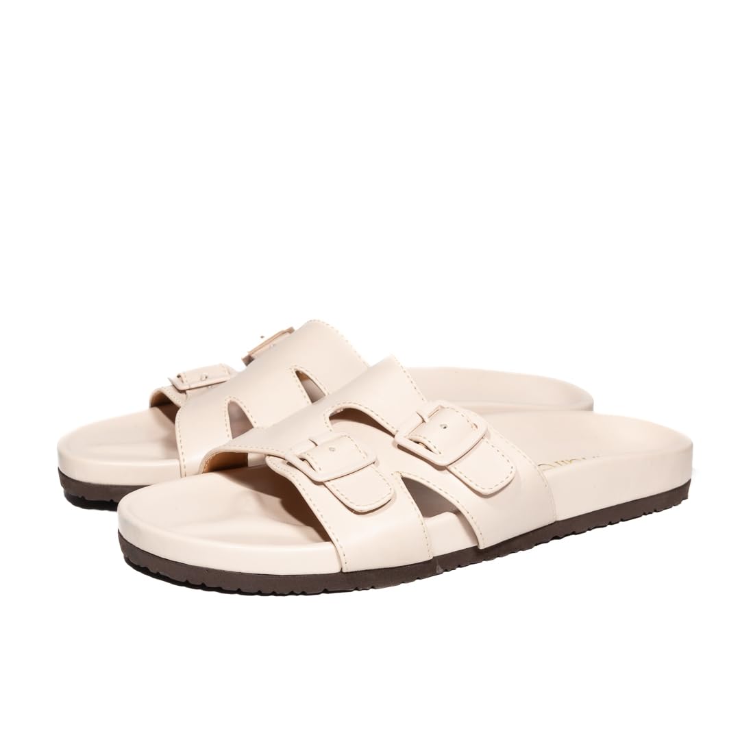Indifeet Stylish Double Strap Buckle Sliders for Women - Cream - Size 8