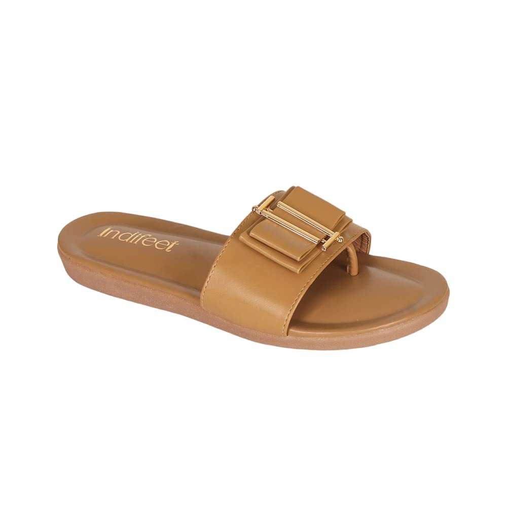 Indifeet Flat Buckle Sliders for Women - Mustard - Size 8
