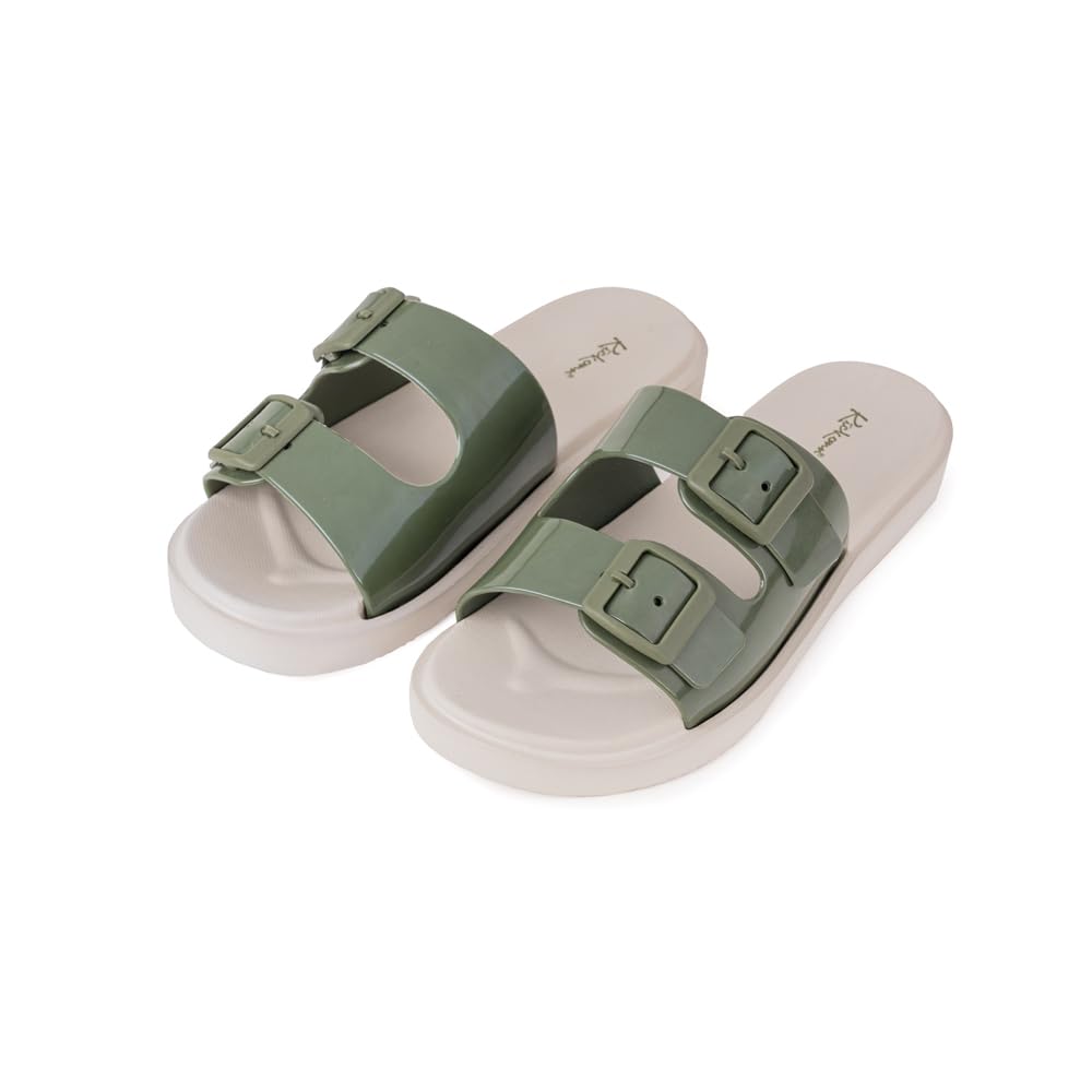 Indifeet Rubber Double Buckle Slides for Women - Green - Image 6