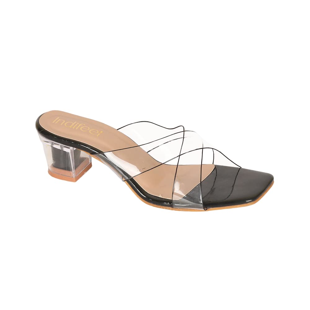 Indifeet Transparent Cross Strap Block Heels - Black - Size 8