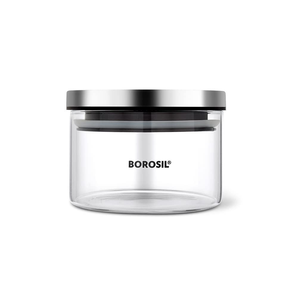Borosil Classic Glass Jar with Airtight Stainless Steel Lid, Borosilicate Glass Storage Organiser Microwave & Dishwasher Safe Kitchen Containers for Spices, Snacks, Grains, Dals (300 ml)