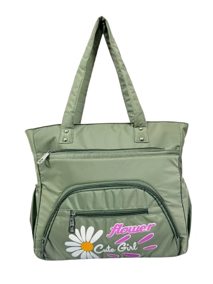 Buddy Cares Women's Tote Bag – Stylish Shopping & Shoulder Bag with Flower "Cute Girl" Print – Green