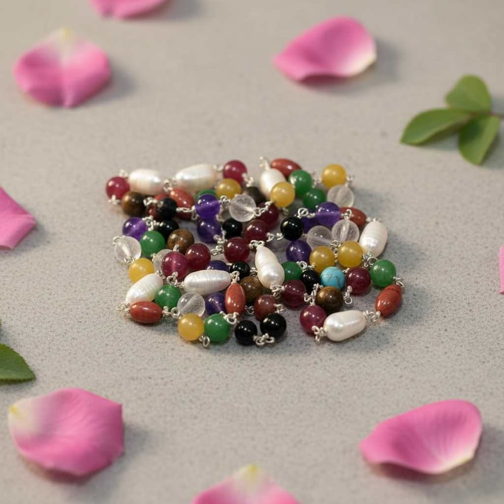 Navratan Mala – 9 Gemstone Beaded Necklace for Planetary Balance, Prosperity & Spiritual Protection