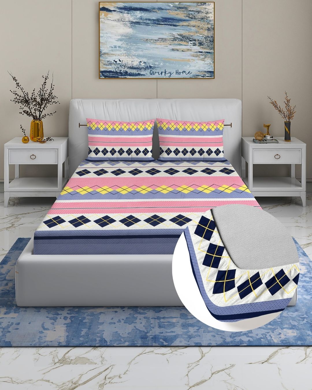 Rome Collection Cotton 220 TC Fitted Queen Bedsheet with 2 Pillow Covers - Pink