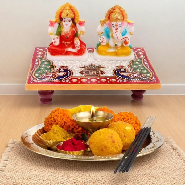 santarms Marble Laxmi Ganesh Idol with Chowki Santarms