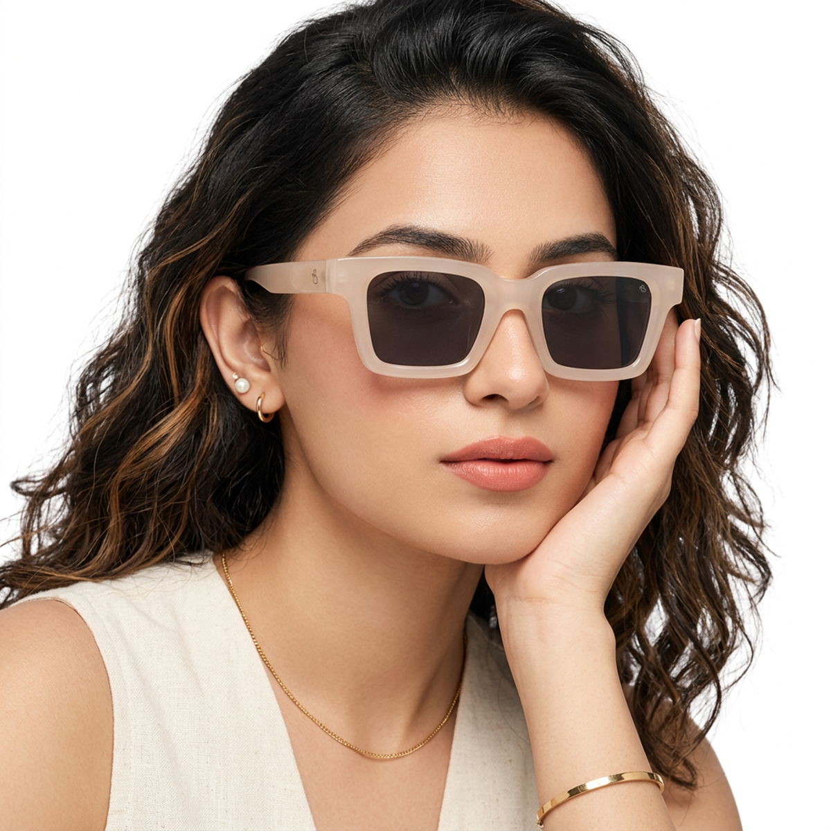 Eyejack Cream Square Sunglasses for Men and Women - worn by a male model (image 3)