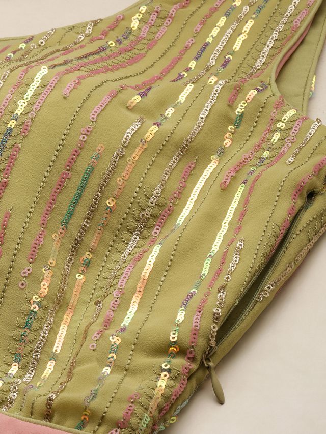 Bollywood Vogue Ready To Wear Green N Pink Sequence Embroidered Gown