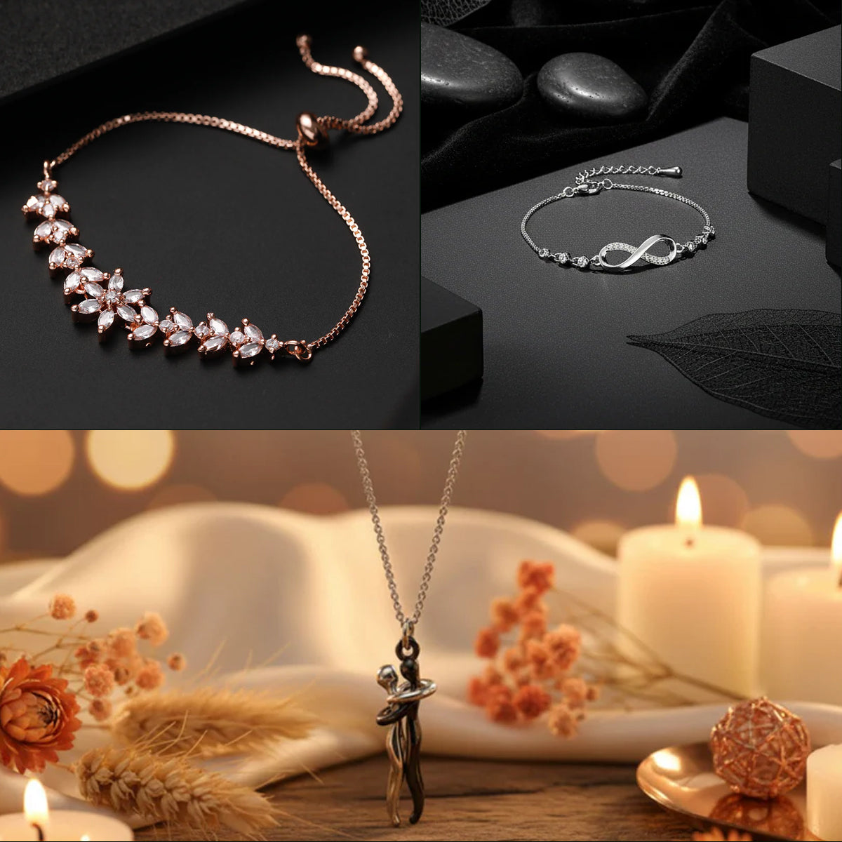 Couple Hug Pendant,American Diamond Adjustable Bracelet And CZ Studded Infinity Adjustable Bracelet Combo