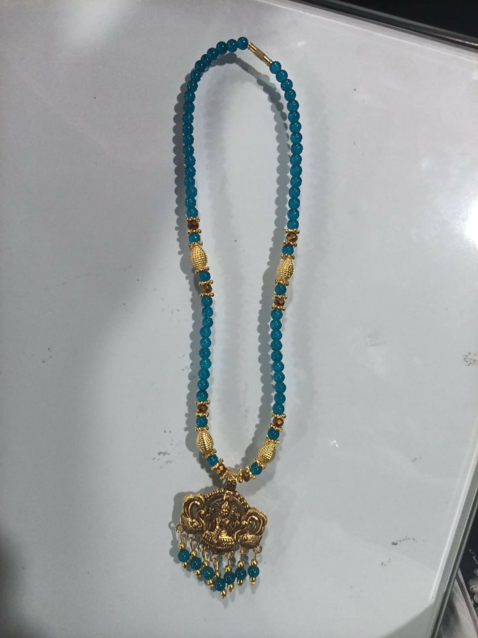 Designer Glass Beads Mala with Lakshmi Pendant