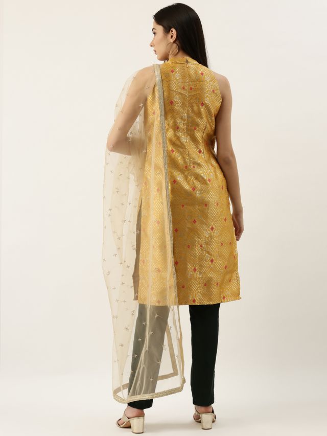 Bollywood Vogue Ready To Wear Green N Yellow Straight Pant Suit With Dupatta