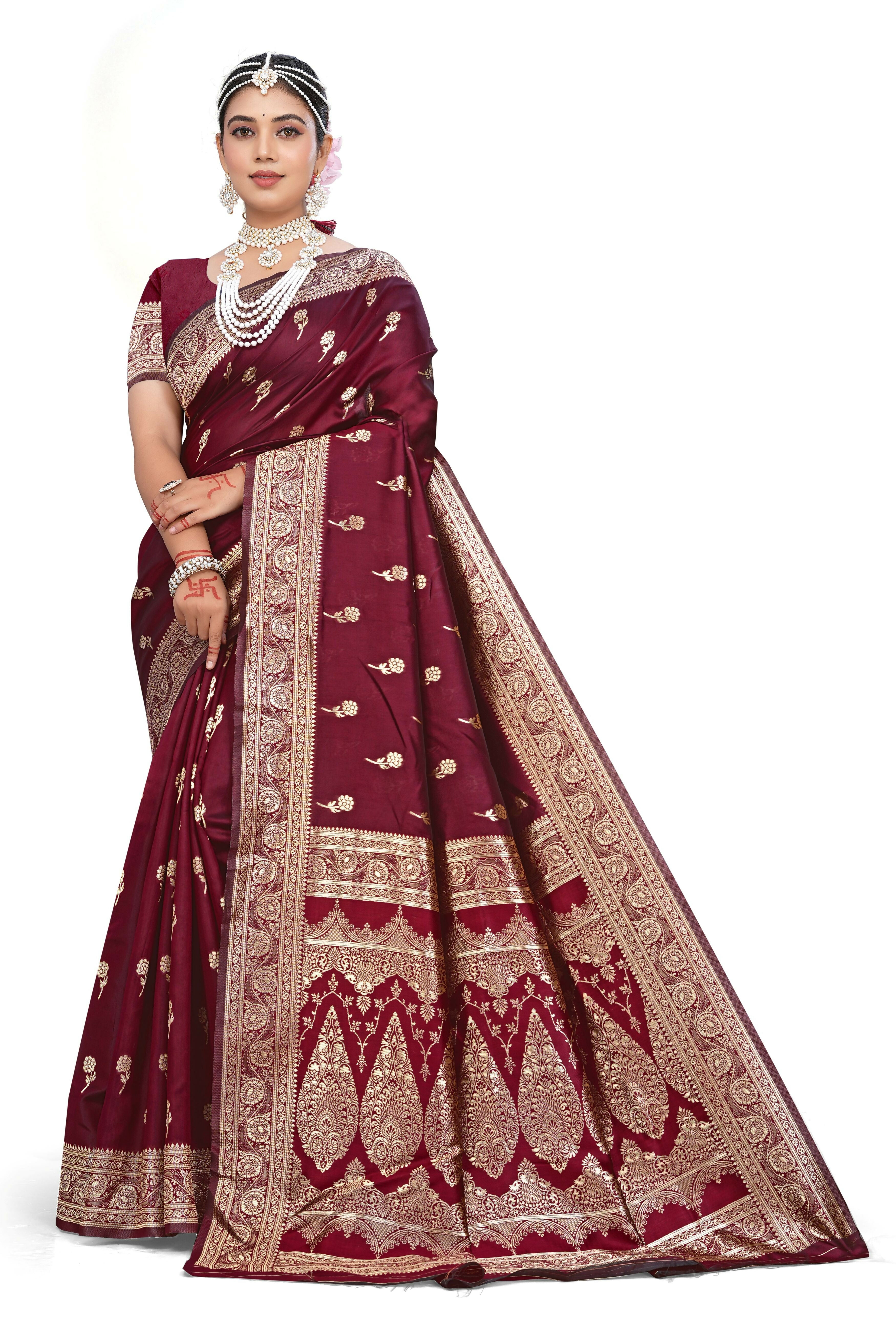 AXONIT Majestic Maroon Premium Jacquard Silk Saree with Golden Zari Work