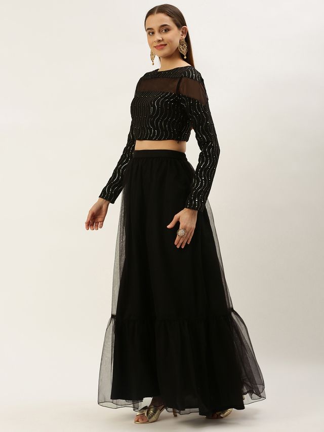 Bollywood Vogue Ready To Wear Black Georgette Embroidered Lehenga Set
