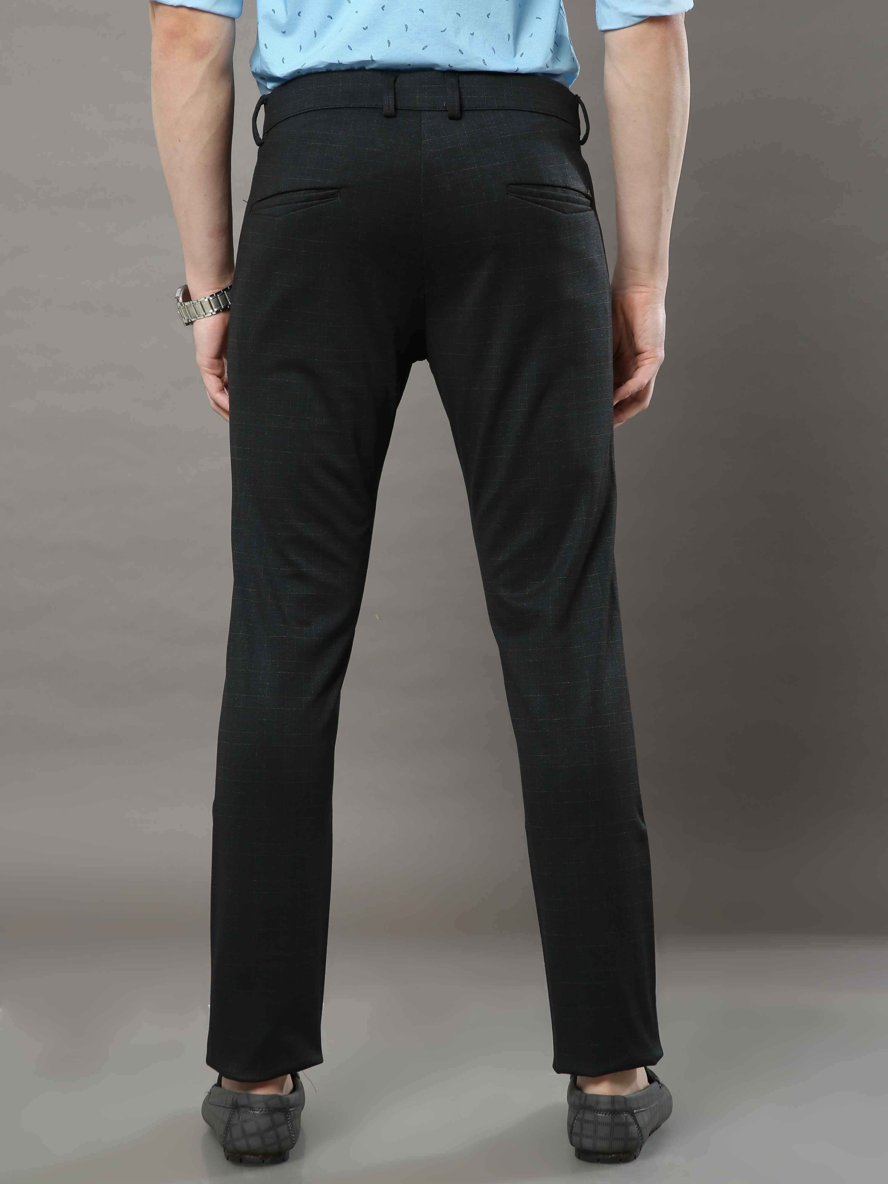 Men's Black Narrow Fit Checks Lycra Casual Trouser