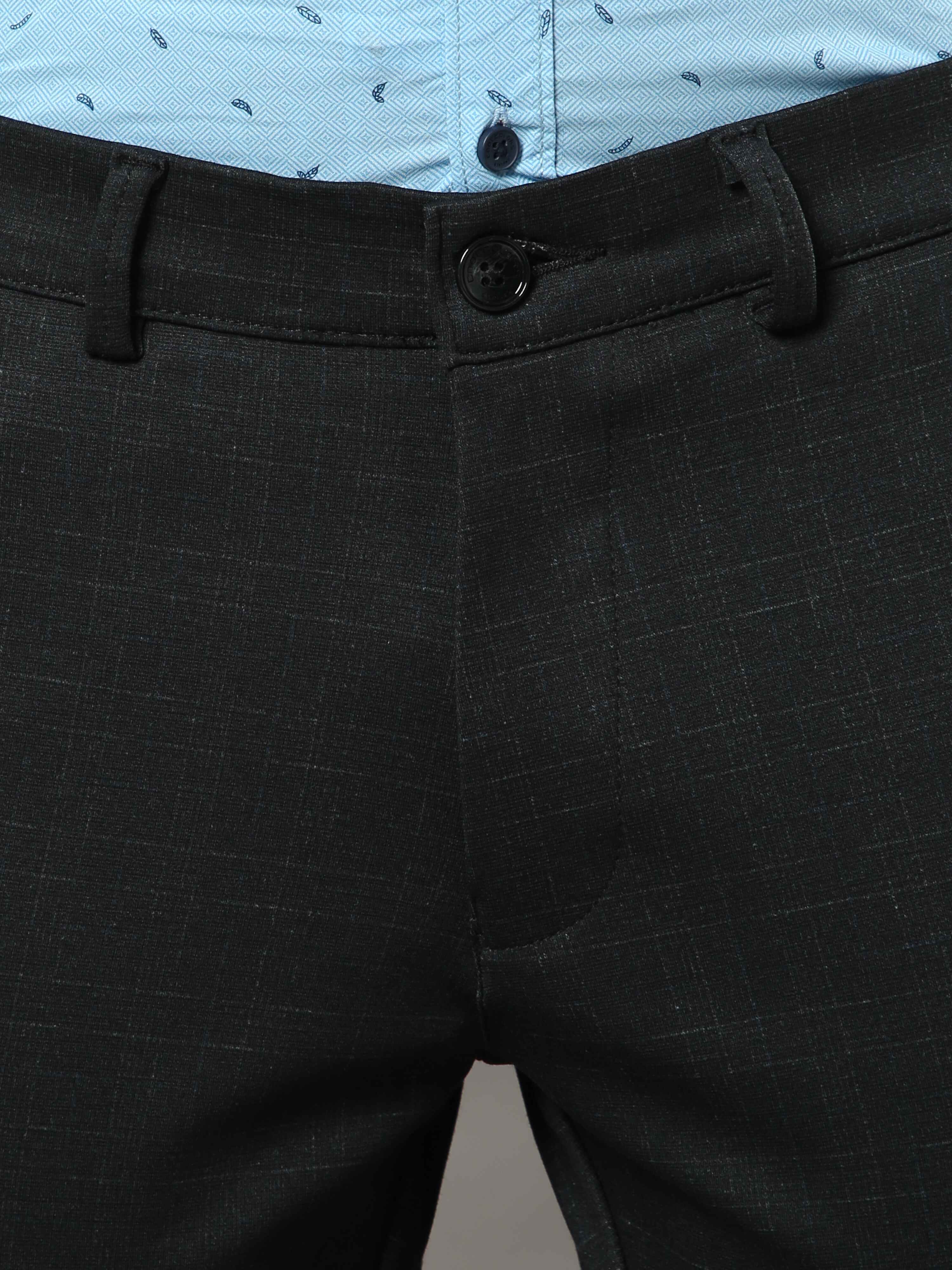 Men's Black Narrow Fit Checks Lycra Casual Trouser