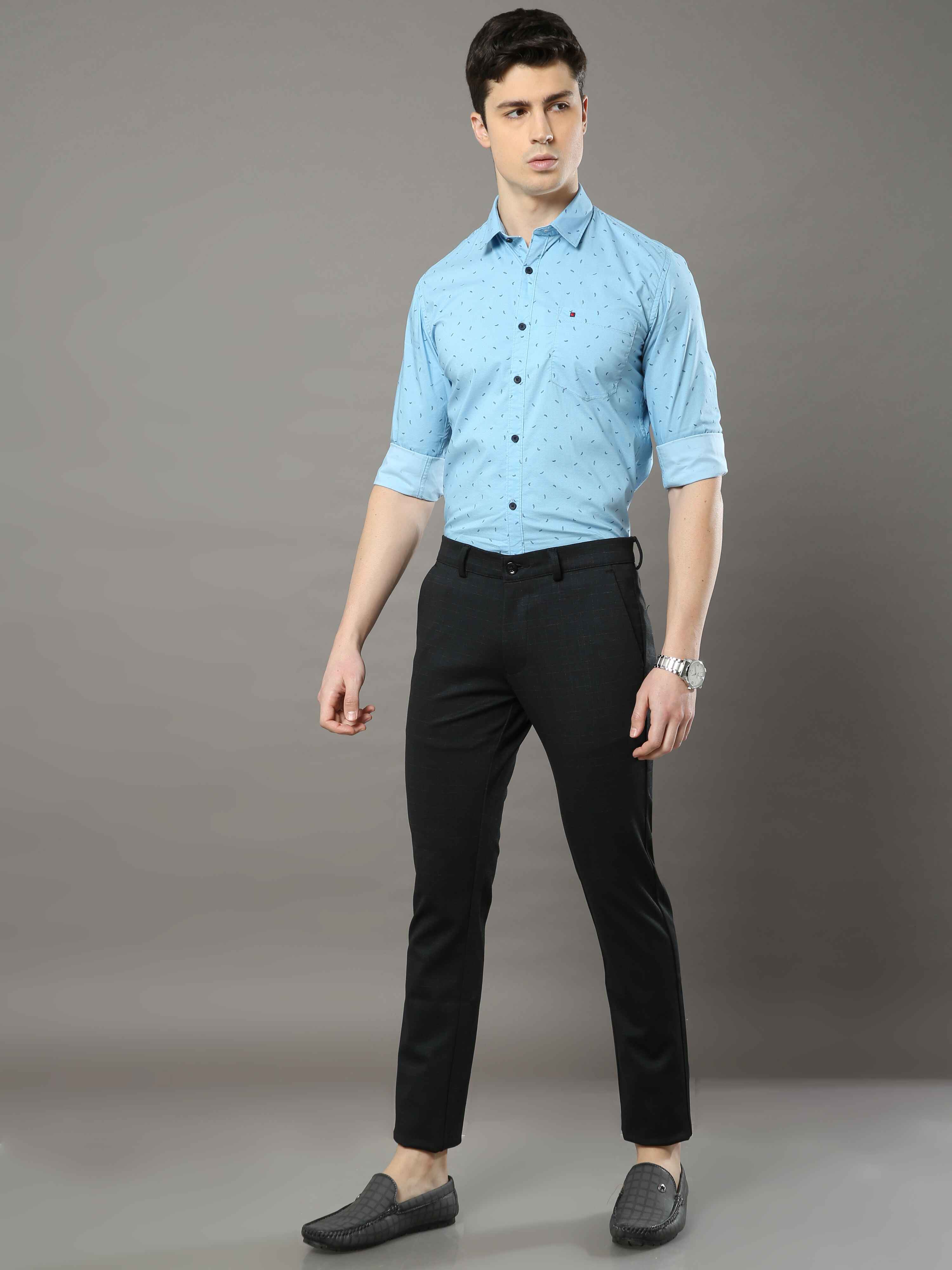 Men's Black Narrow Fit Checks Lycra Casual Trouser
