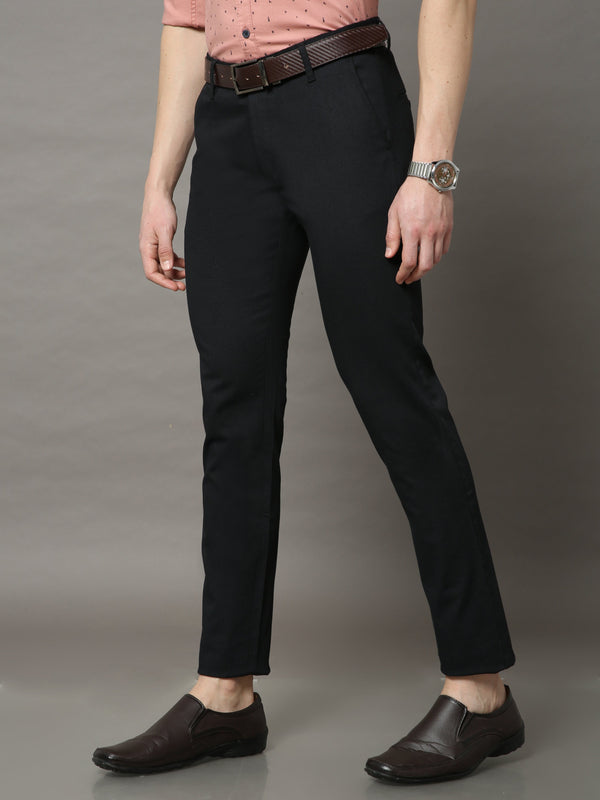 Men's Black Narrow Fit Printed Casual Trousers
