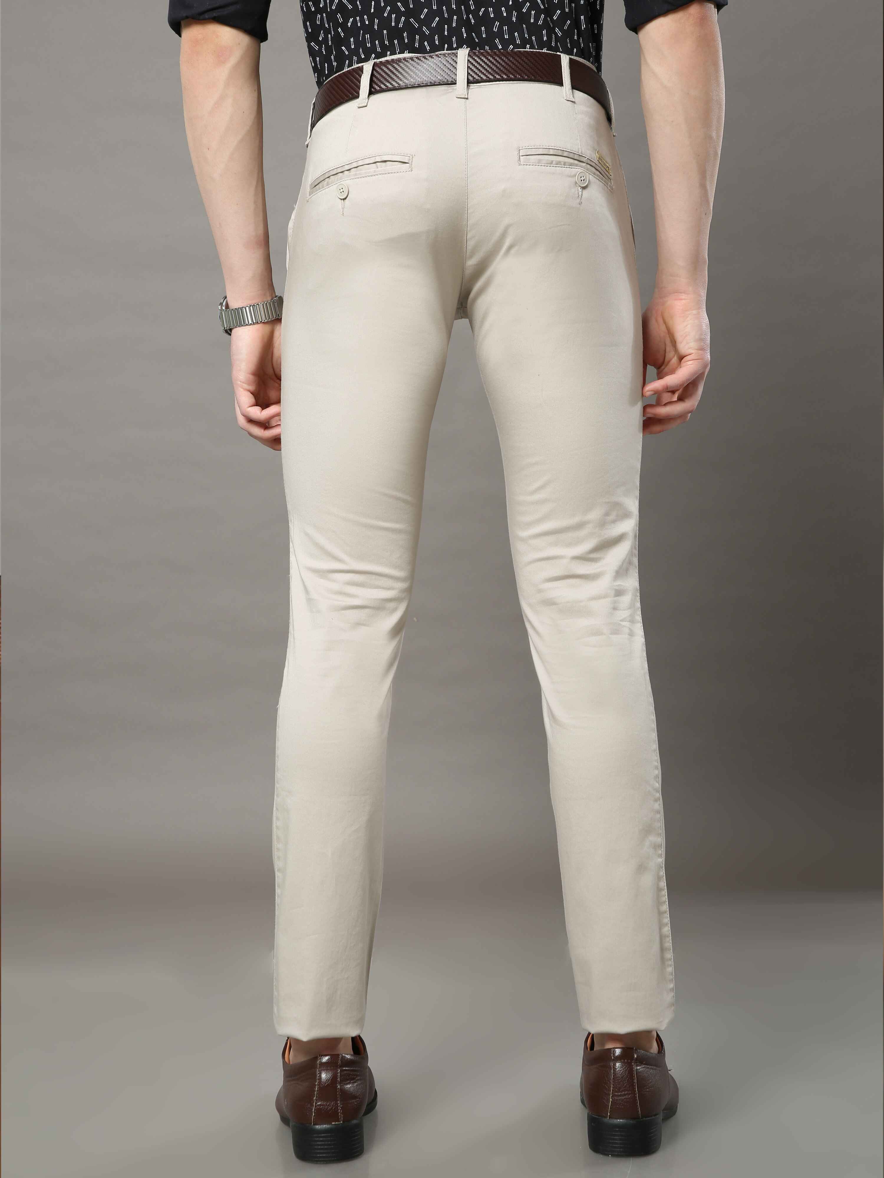 Men's Cream Narrow Fit Solid Casual Trouser