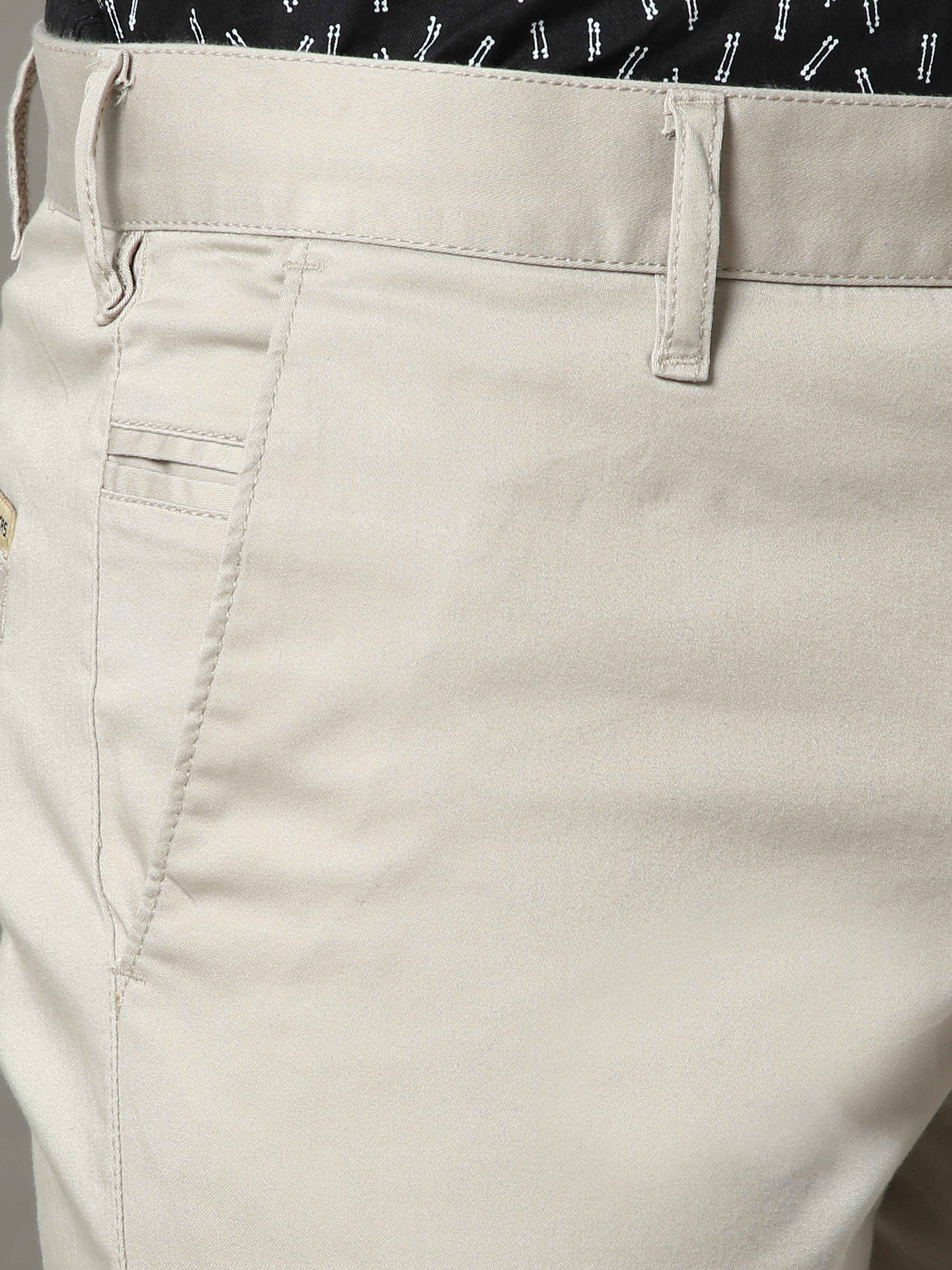 Men's Cream Narrow Fit Solid Lycra Casual Trouser
