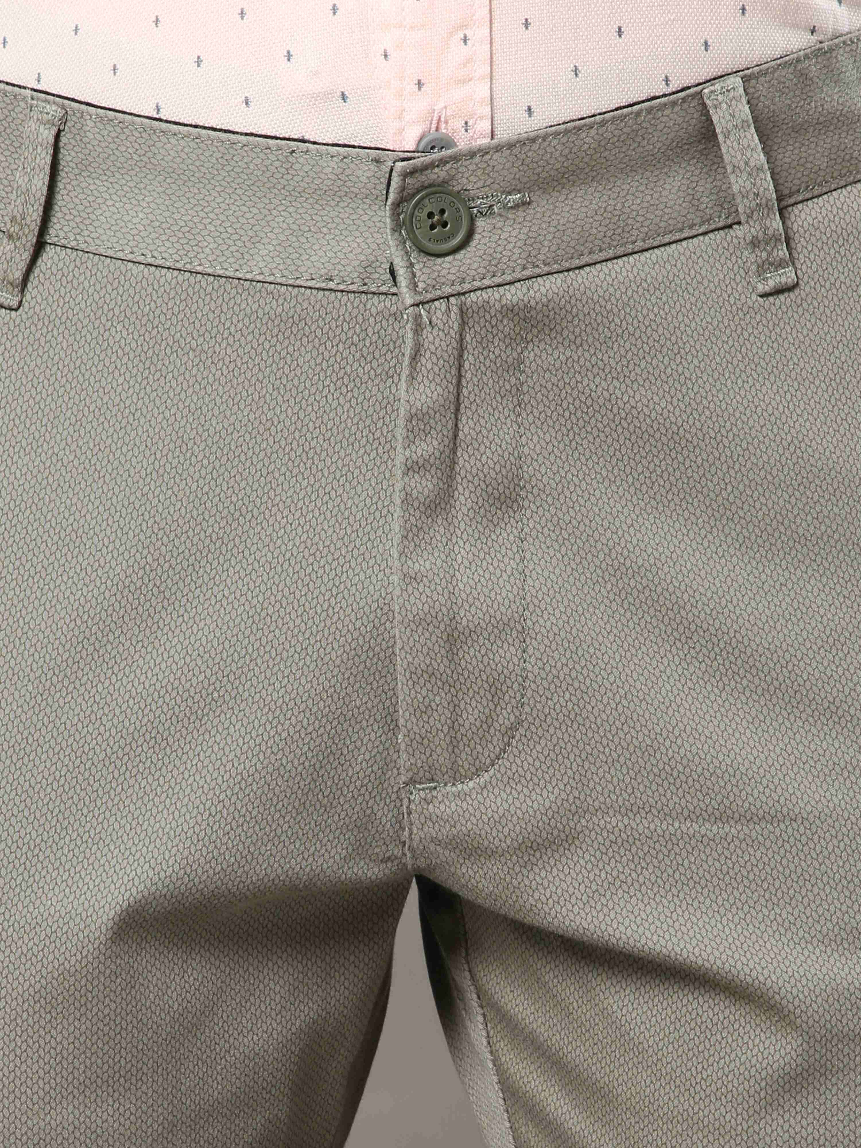 Men's Olive Narrow Fit Printed Casual Trousers