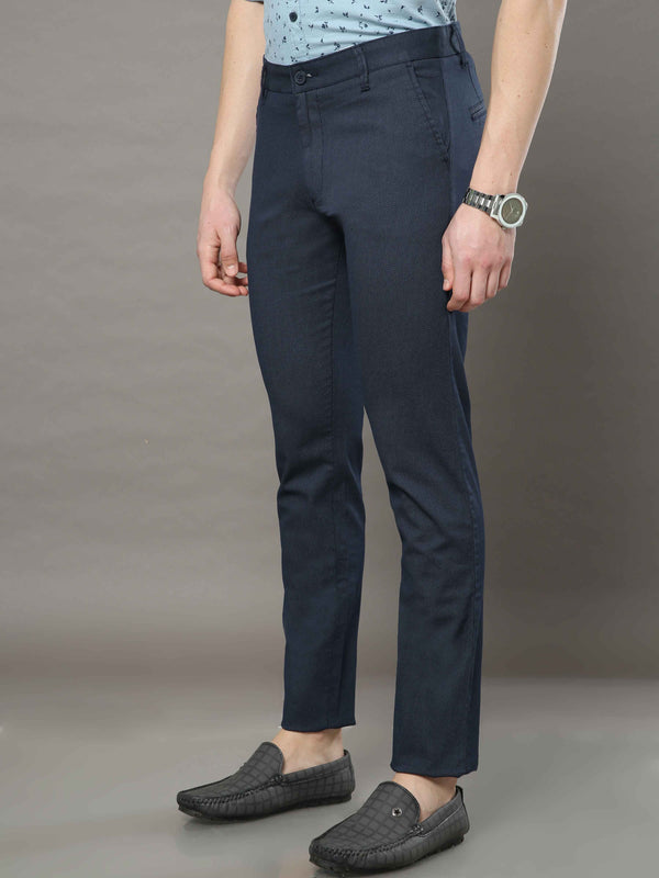 Men's Navy Narrow Fit Printed Casual Trousers