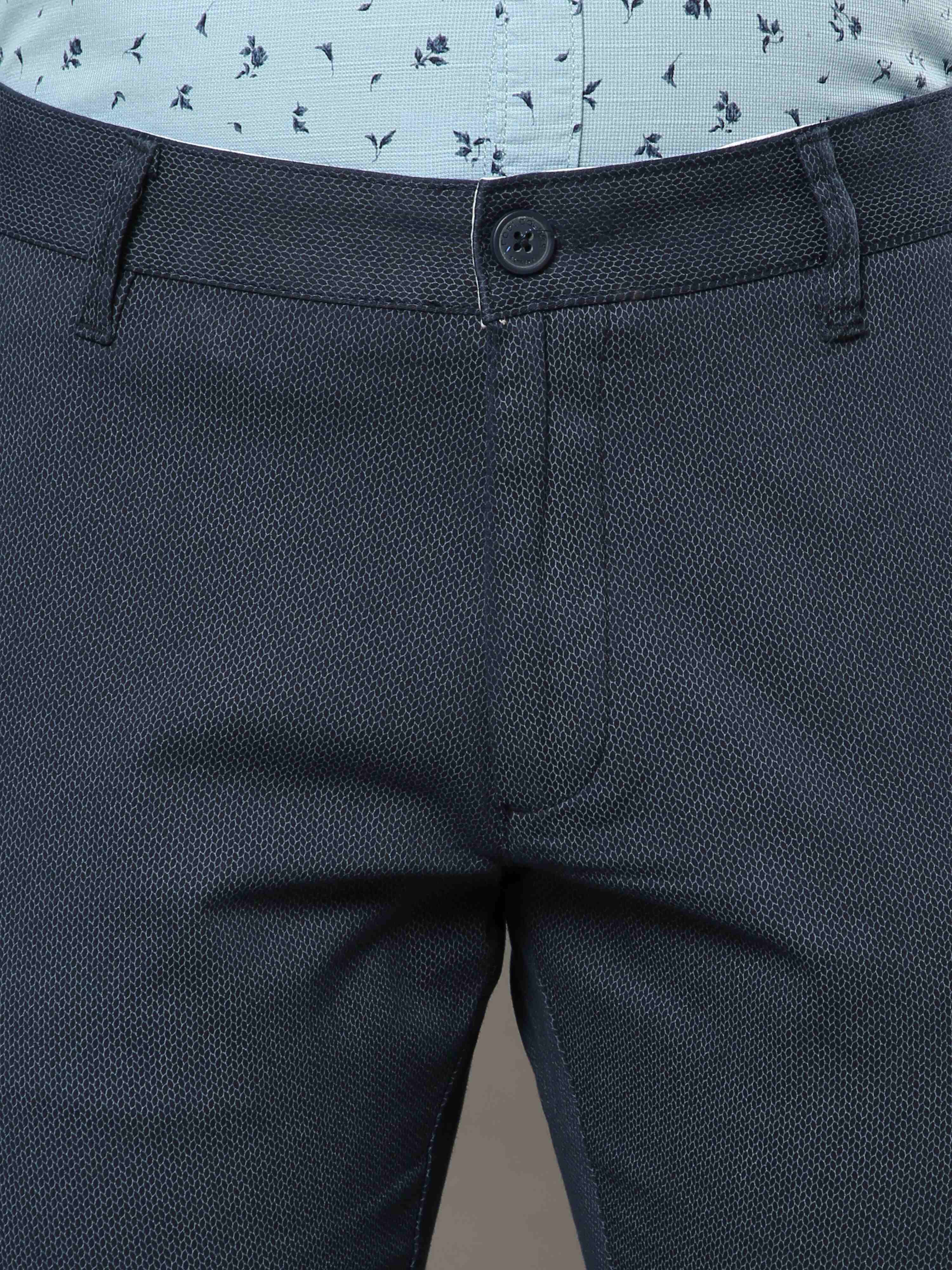 Men's Navy Narrow Fit Printed Casual Trousers
