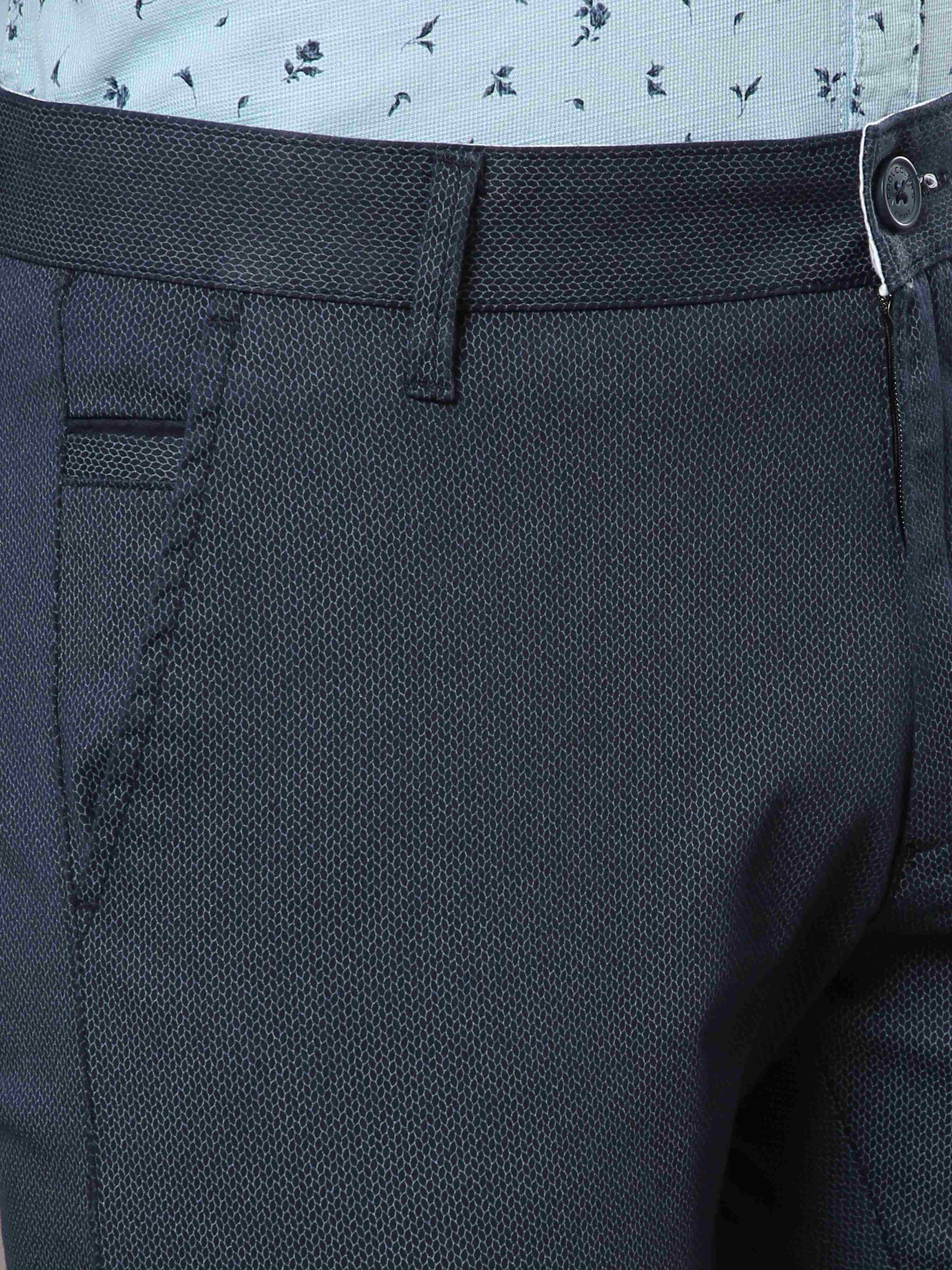 Men's Navy Narrow Fit Printed Casual Trousers