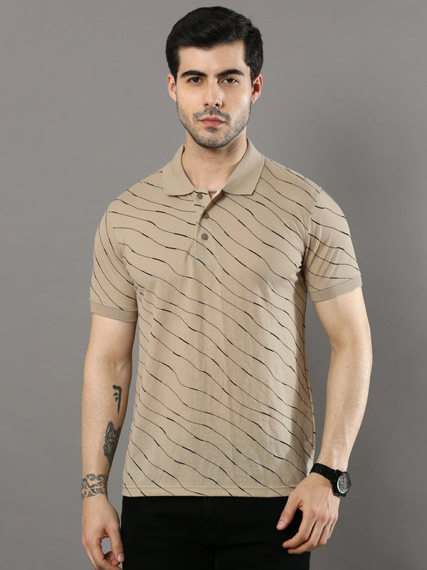 Men's Beige Regular Fit Printed Polo Neck Half Sleeves T-Shirt