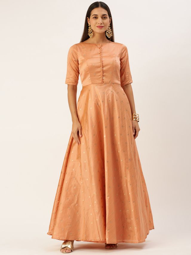 Bollywood Vogue Ready To Wear Peach Art Silk Jacquard Floor Length Gown