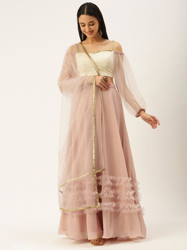 Bollywood Vogue Ready To Wear Pink N White Off Shoulder Puff Sleeves Lehenga