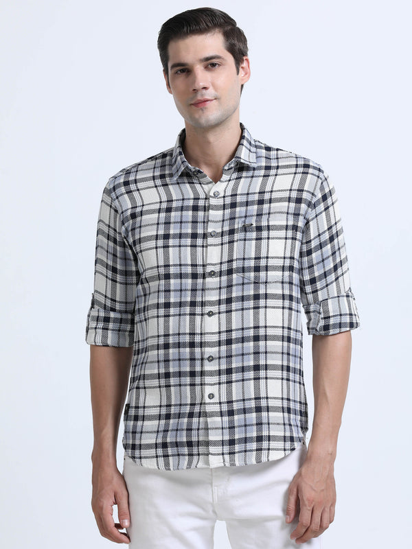 Men's Blue Slim Fit Checkered Full Sleeve Casual Shirt