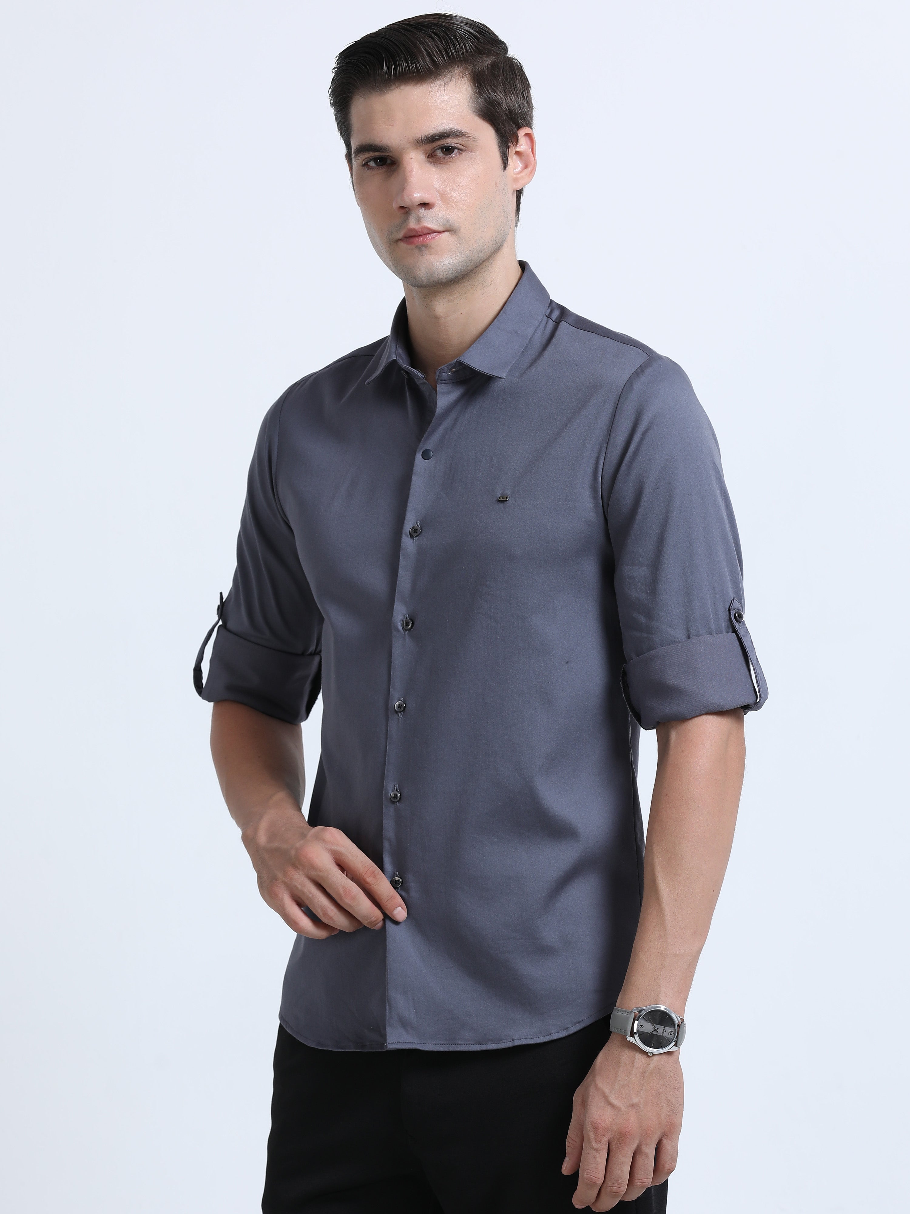 Men's Grey Slim Fit Solid Full Sleeve Satin Casual Shirt