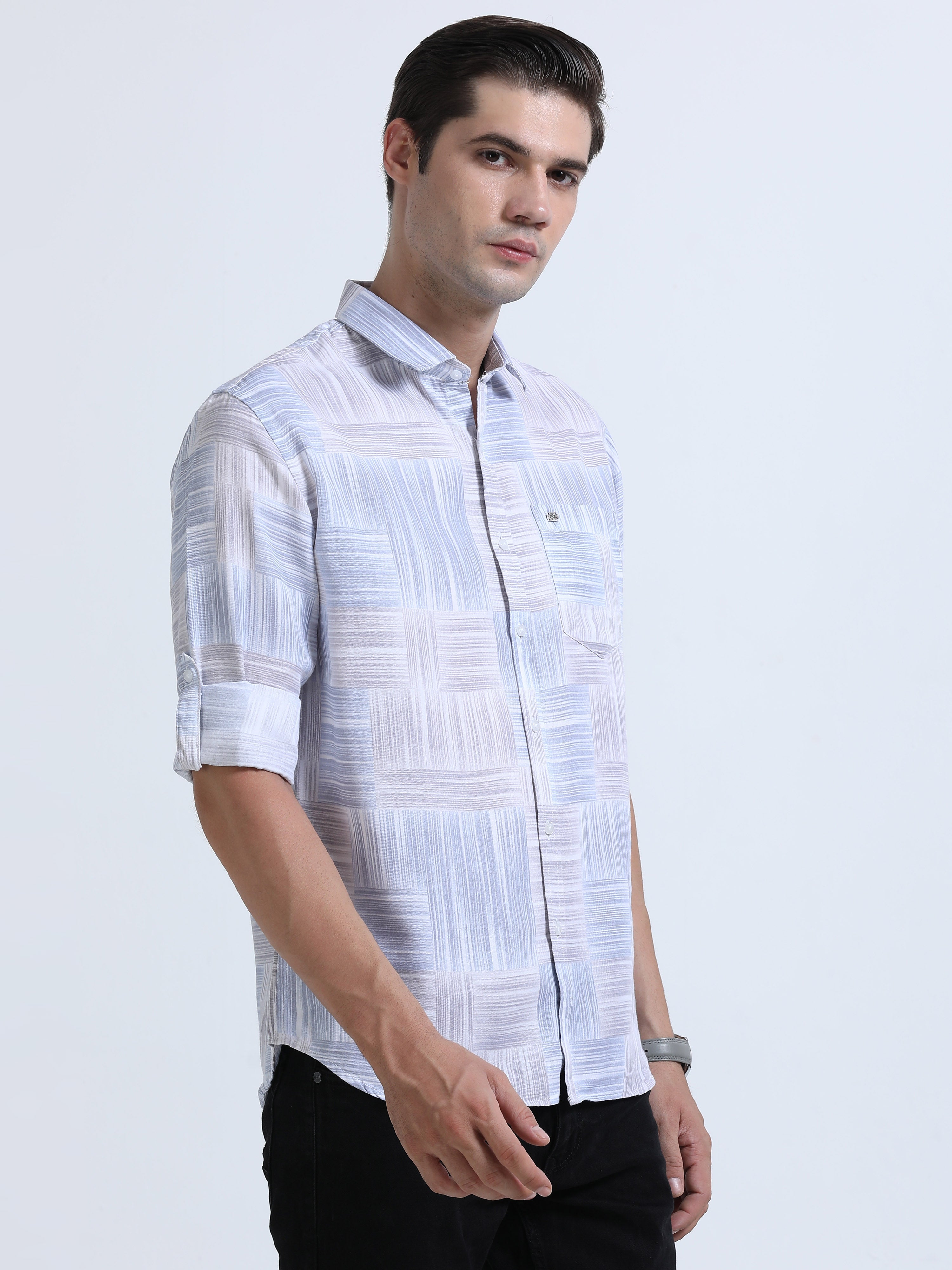 Men's Blue Slim Fit Twill Printed Full Sleeve Casual Shirt