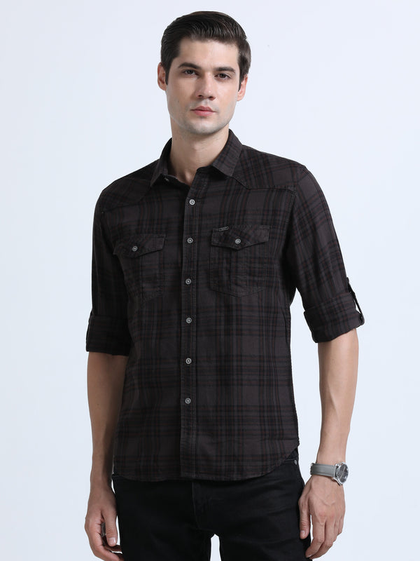 Men's Brown Slim Fit Checks Full Sleeve Casual Shirt