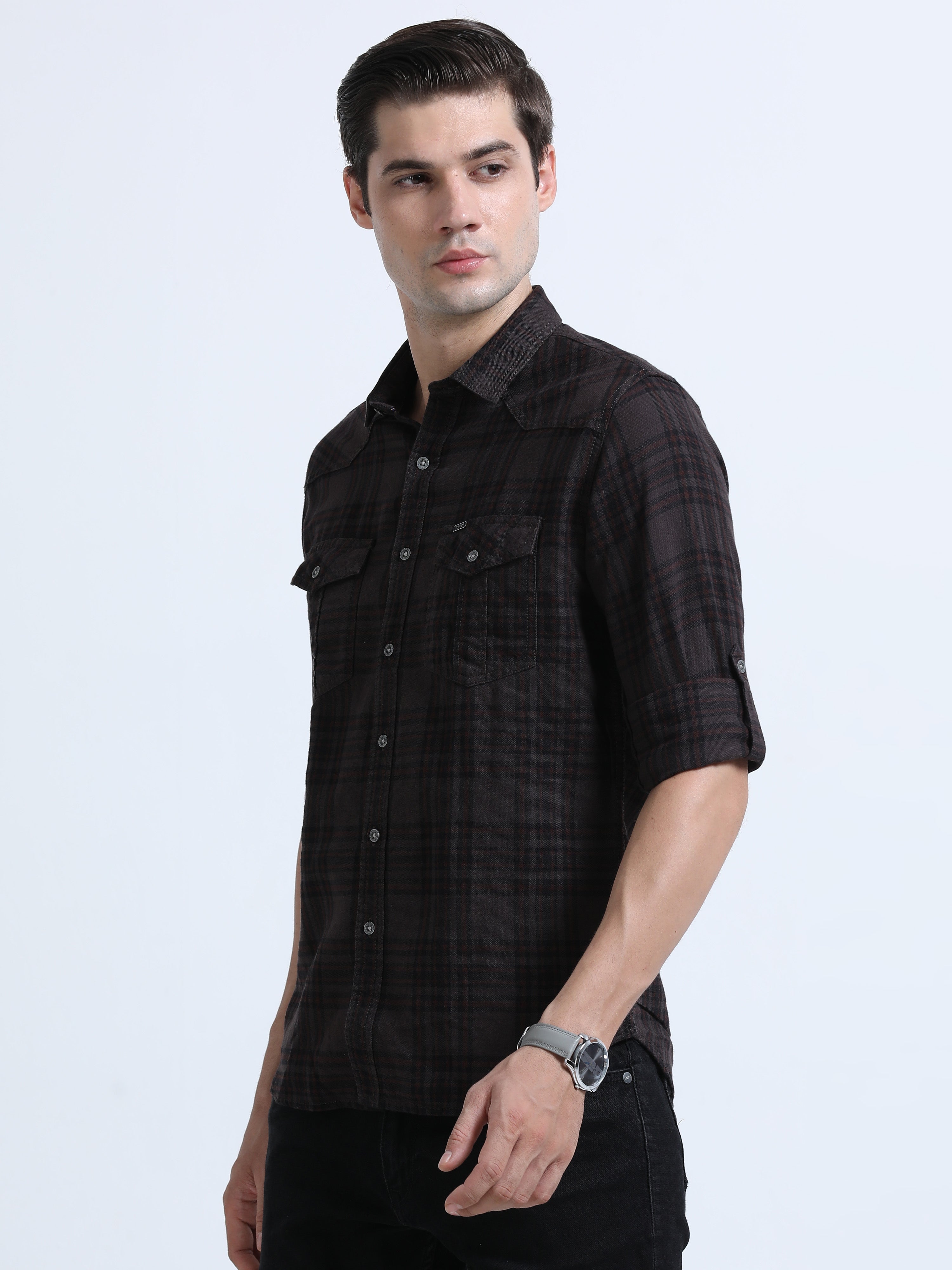 Men's Brown Slim Fit Checks Full Sleeve Casual Shirt