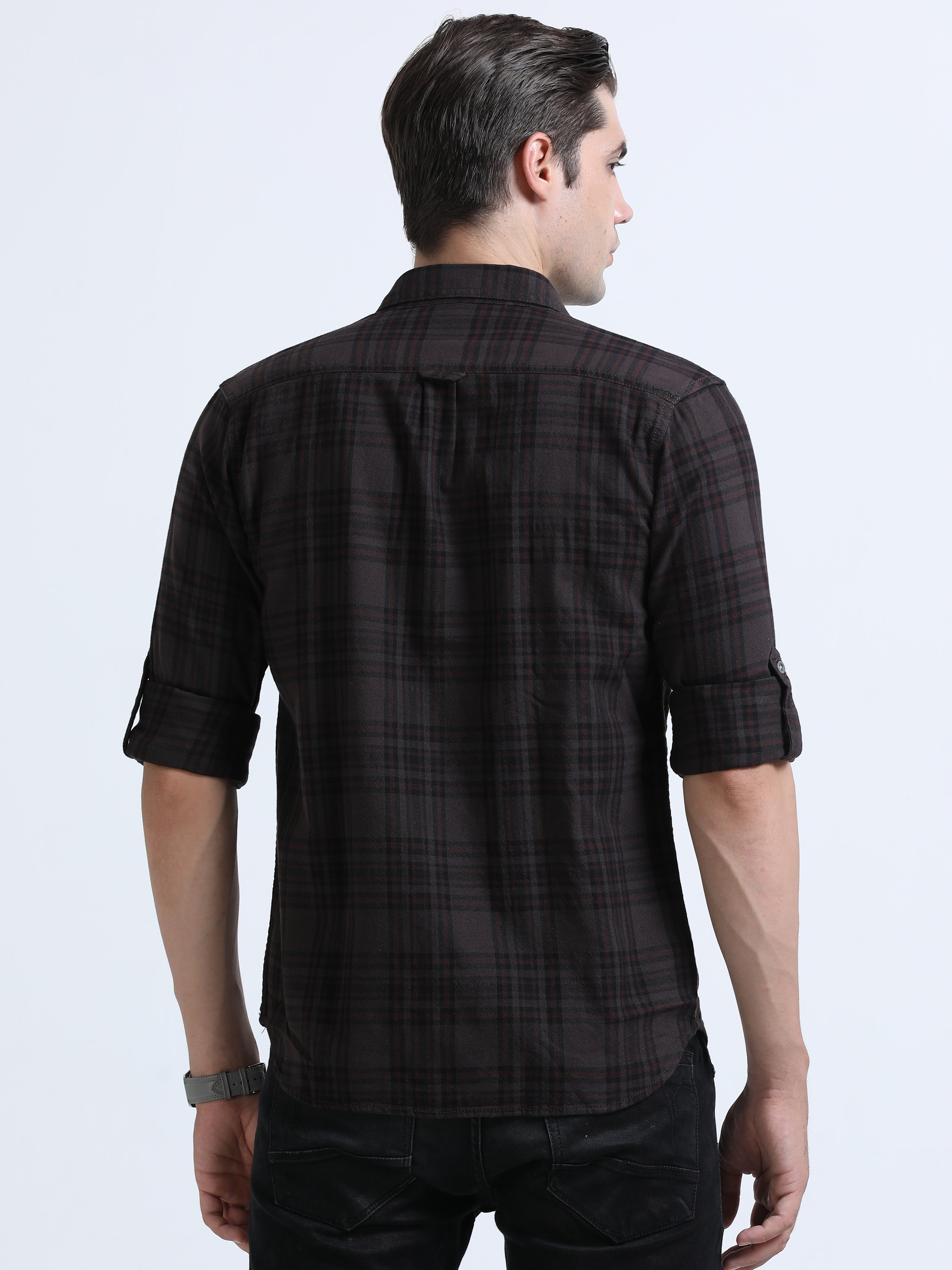 Men's Brown Slim Fit Checks Full Sleeve Casual Shirt