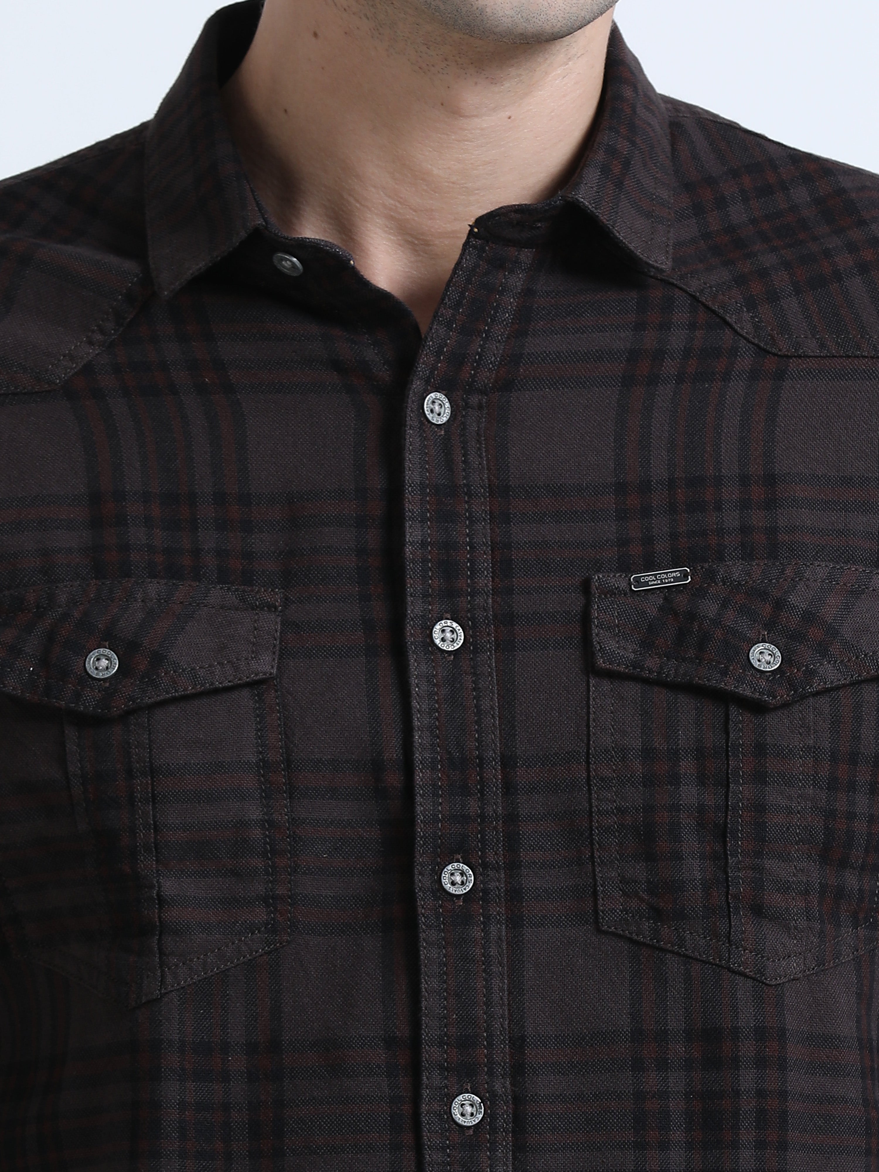 Men's Brown Slim Fit Checks Full Sleeve Casual Shirt