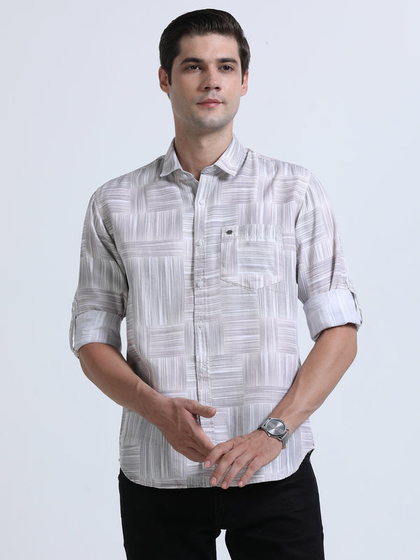 Men's Brown Slim Fit Twill Printed Full Sleeve Casual Shirt