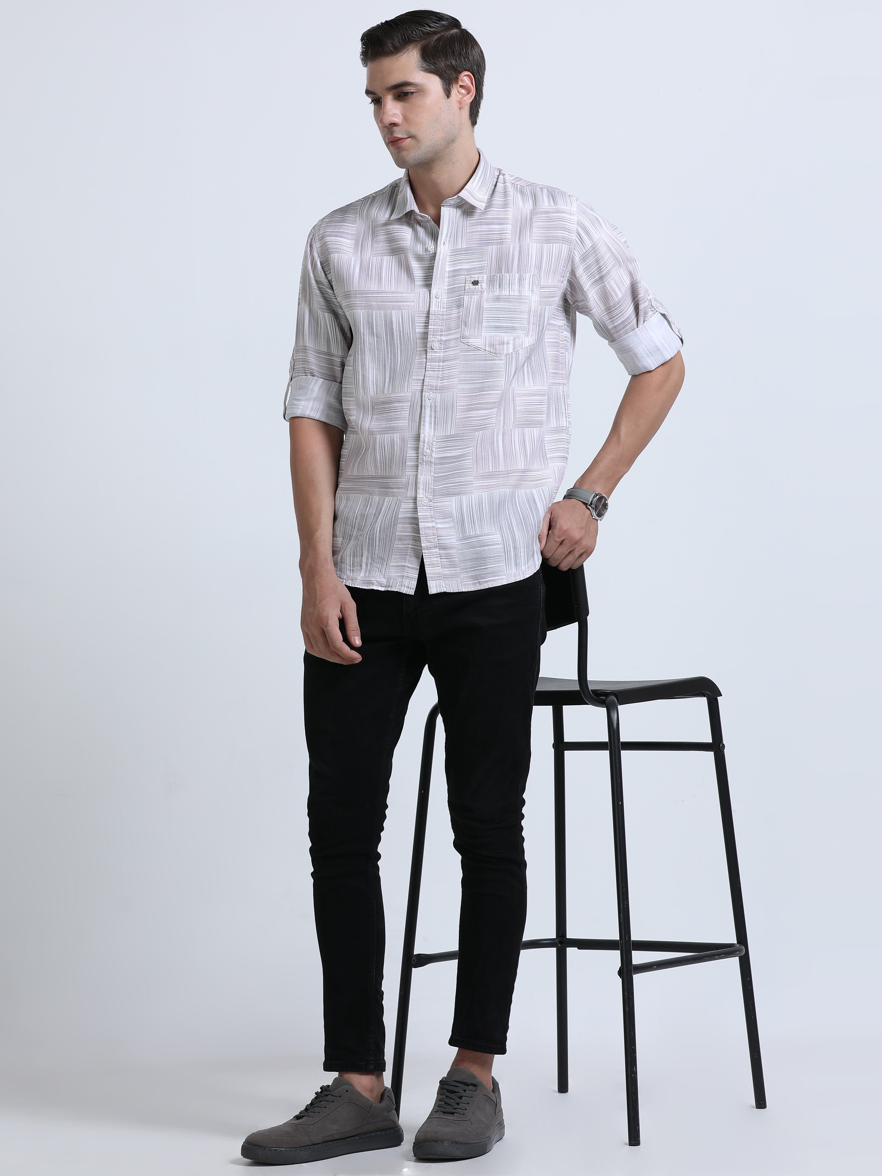 Men's Brown Slim Fit Twill Printed Full Sleeve Casual Shirt