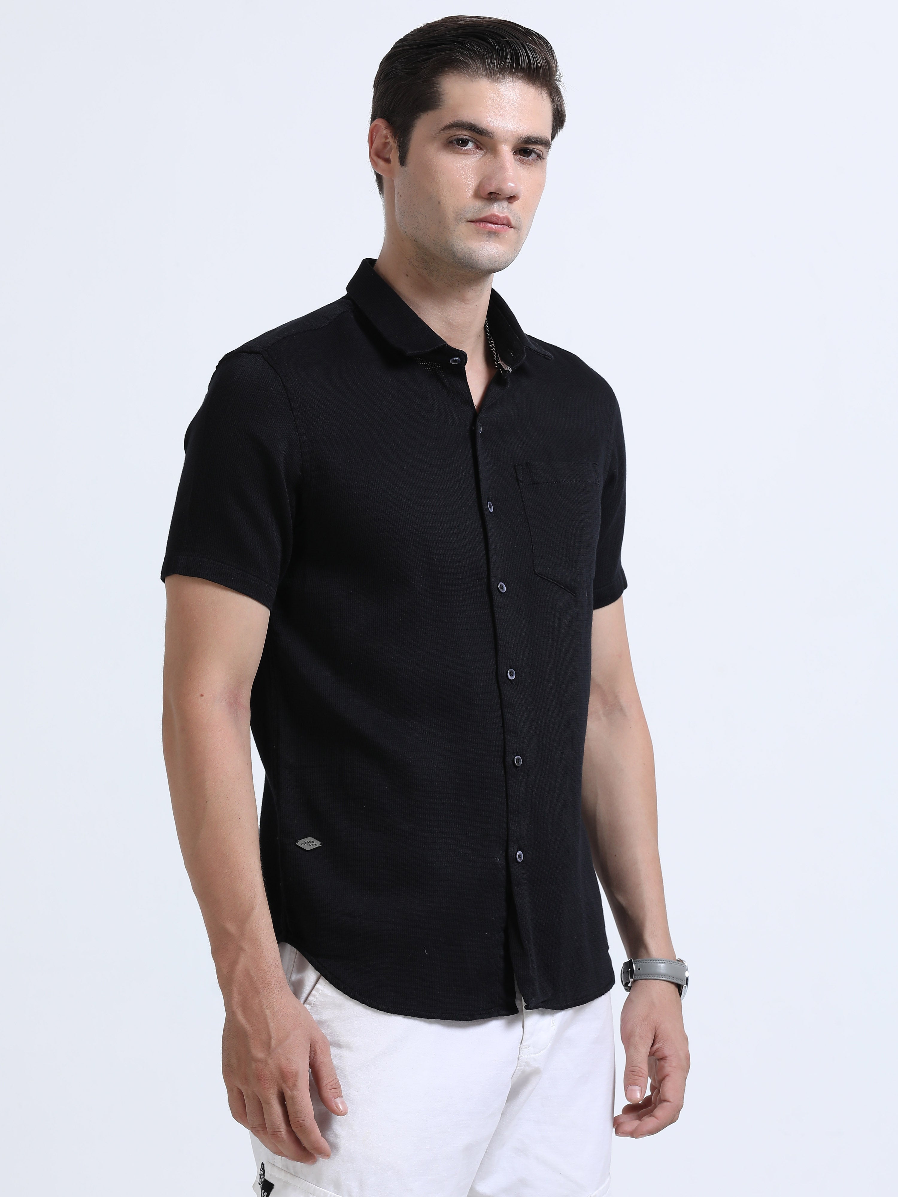 Men's Black Slim Fit Dobby Half Sleeve Casual Shirt