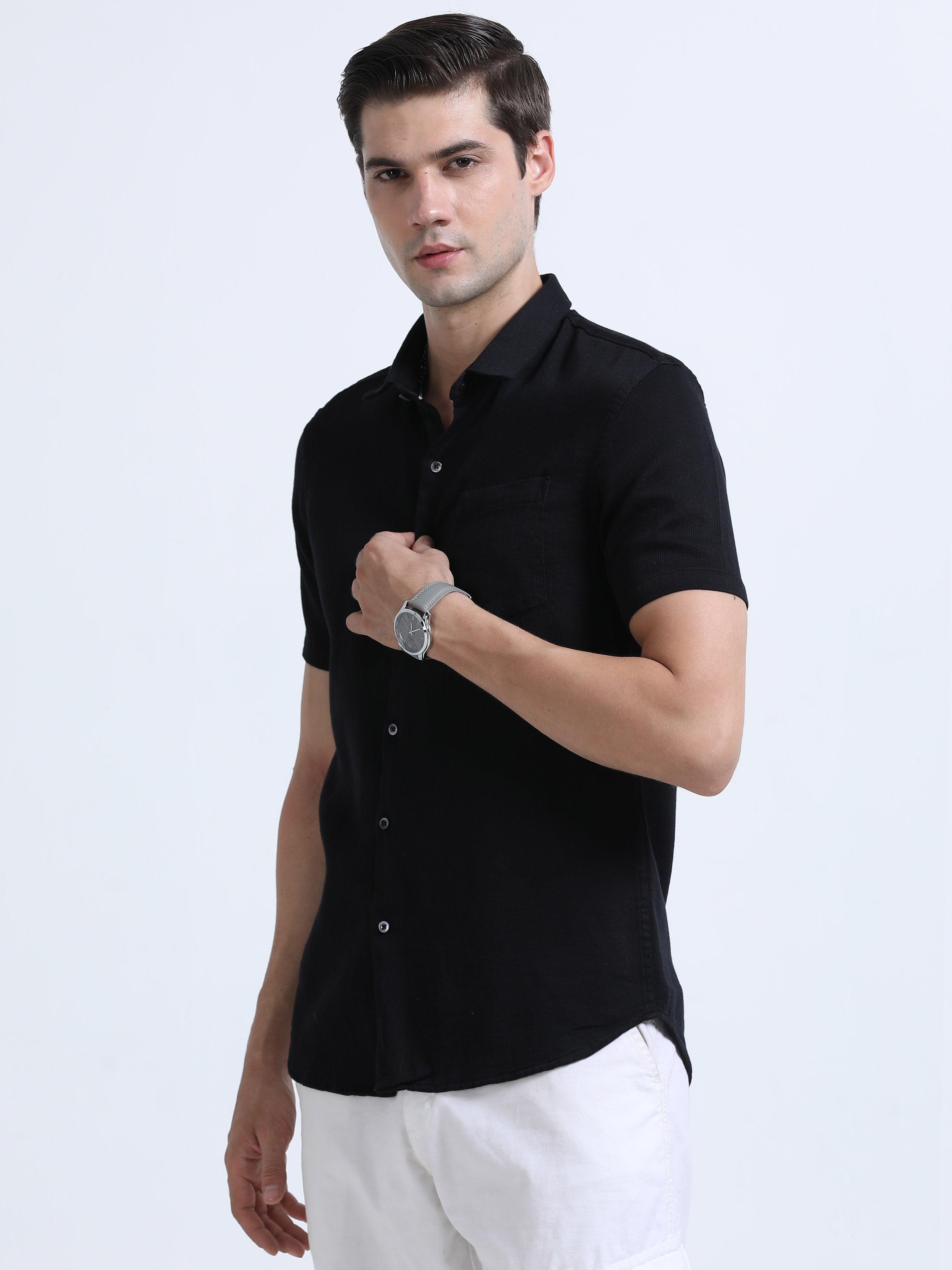 Men's Black Slim Fit Dobby Half Sleeve Casual Shirt