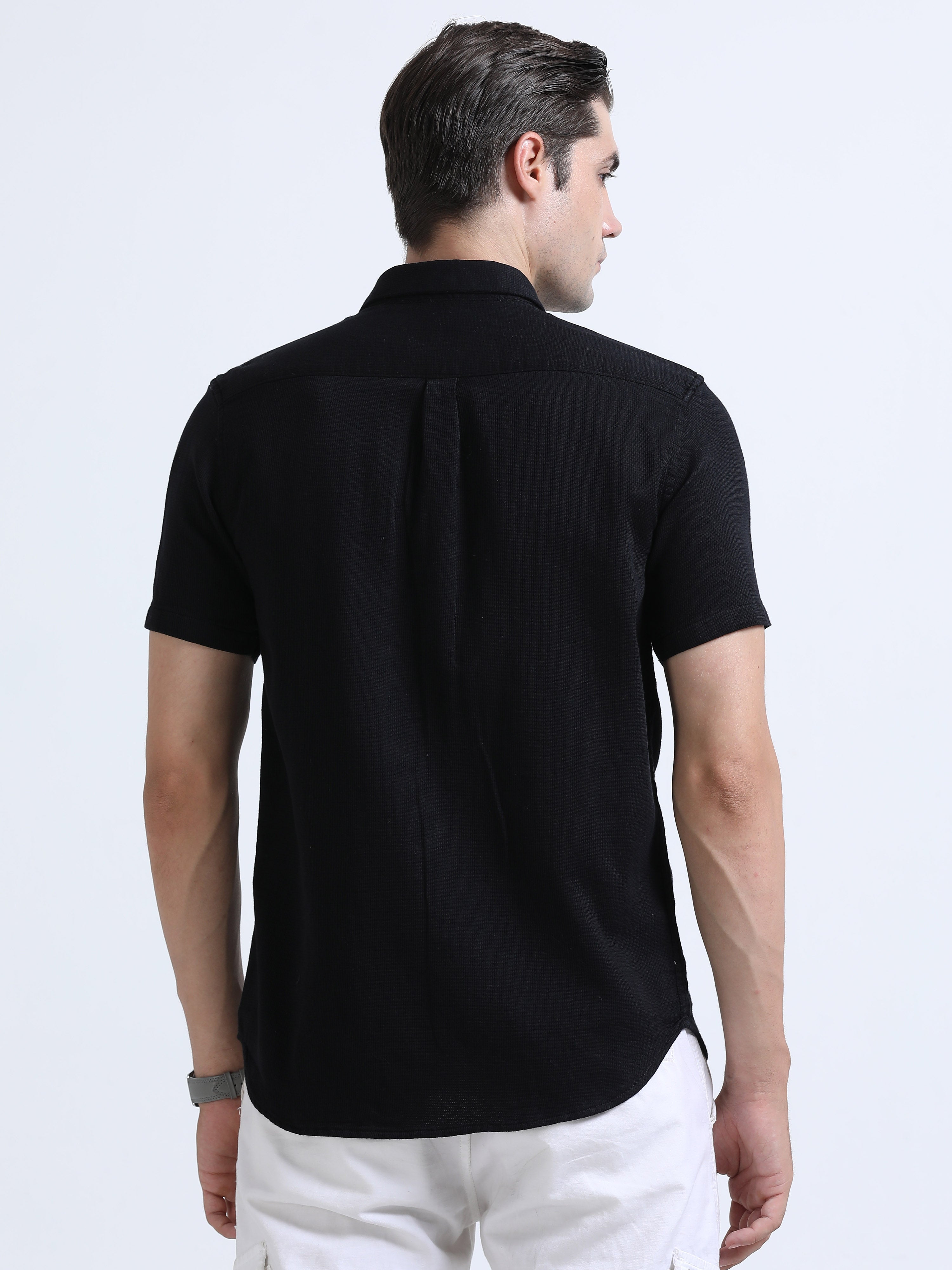 Men's Black Slim Fit Dobby Half Sleeve Casual Shirt