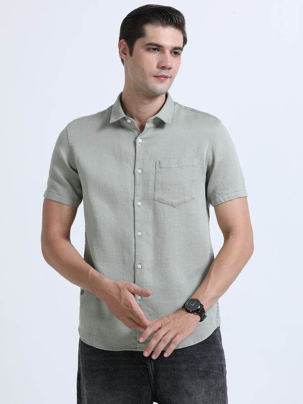 Men's Light Grey Slim Fit Dobby Half Sleeve Casual Shirt