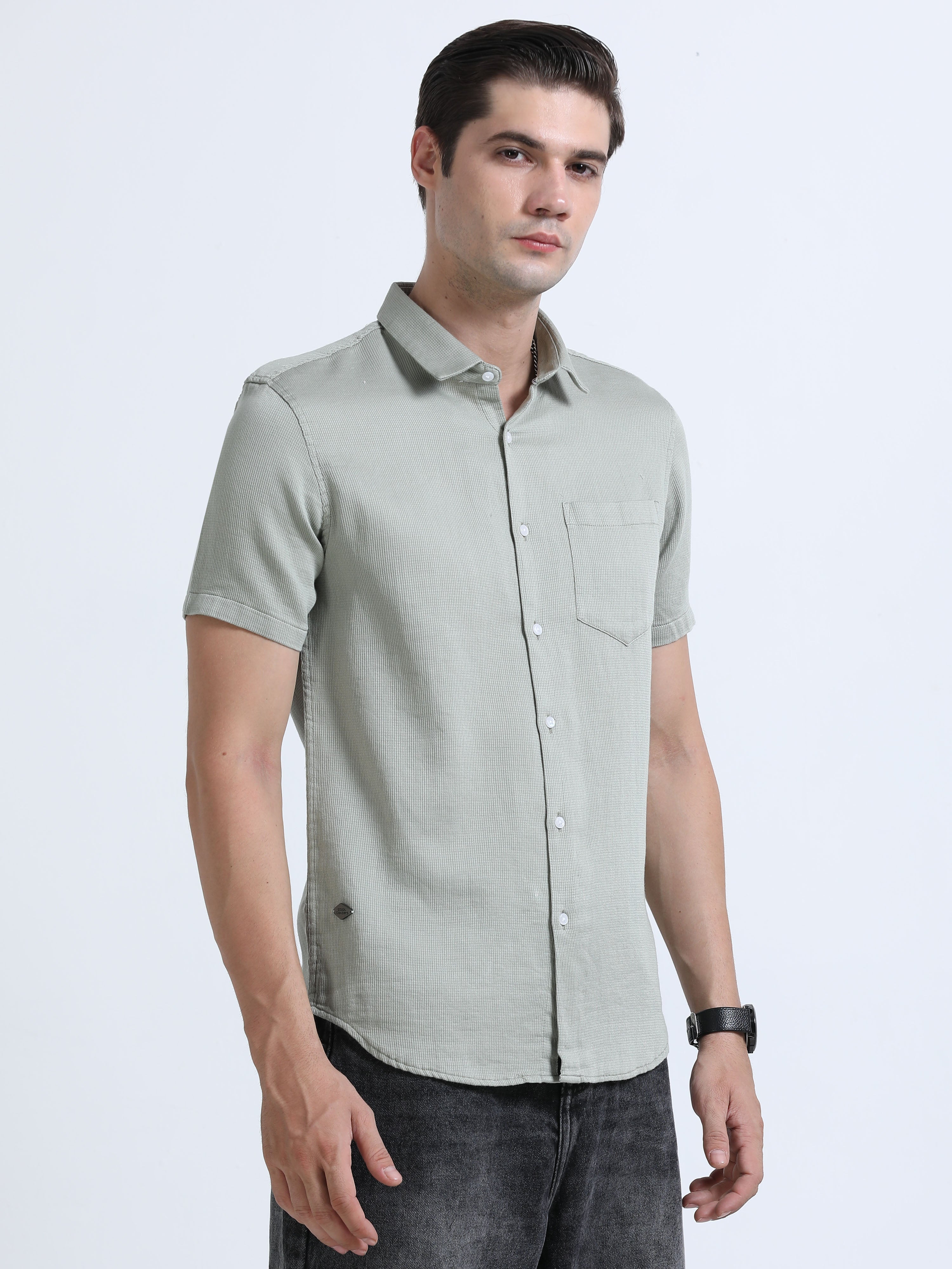 Men's Light Grey Slim Fit Dobby Half Sleeve Casual Shirt