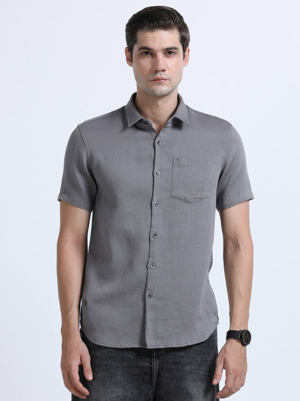 Men's Grey Slim Fit Dobby Half Sleeve Casual Shirt