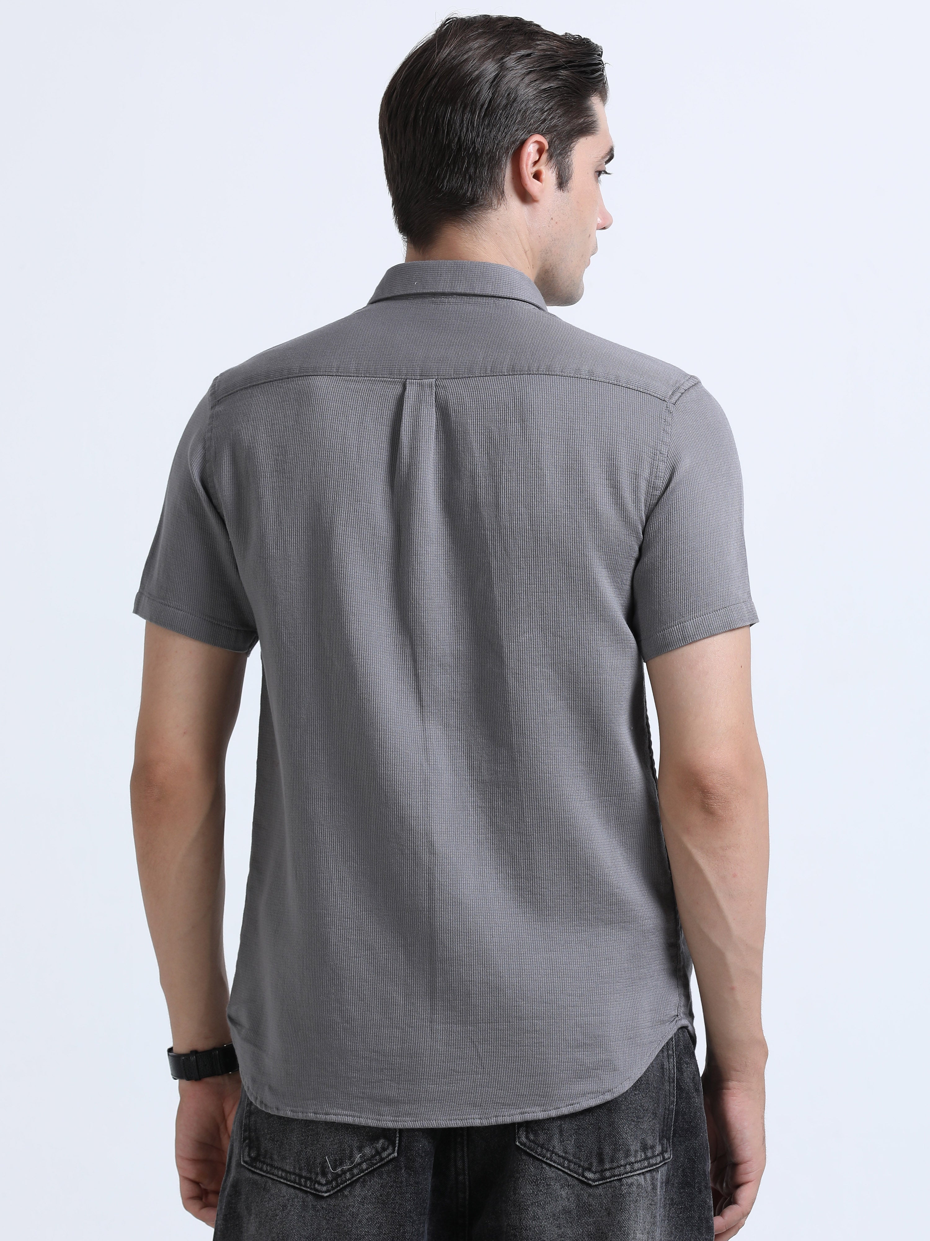 Men's Grey Slim Fit Dobby Half Sleeve Casual Shirt