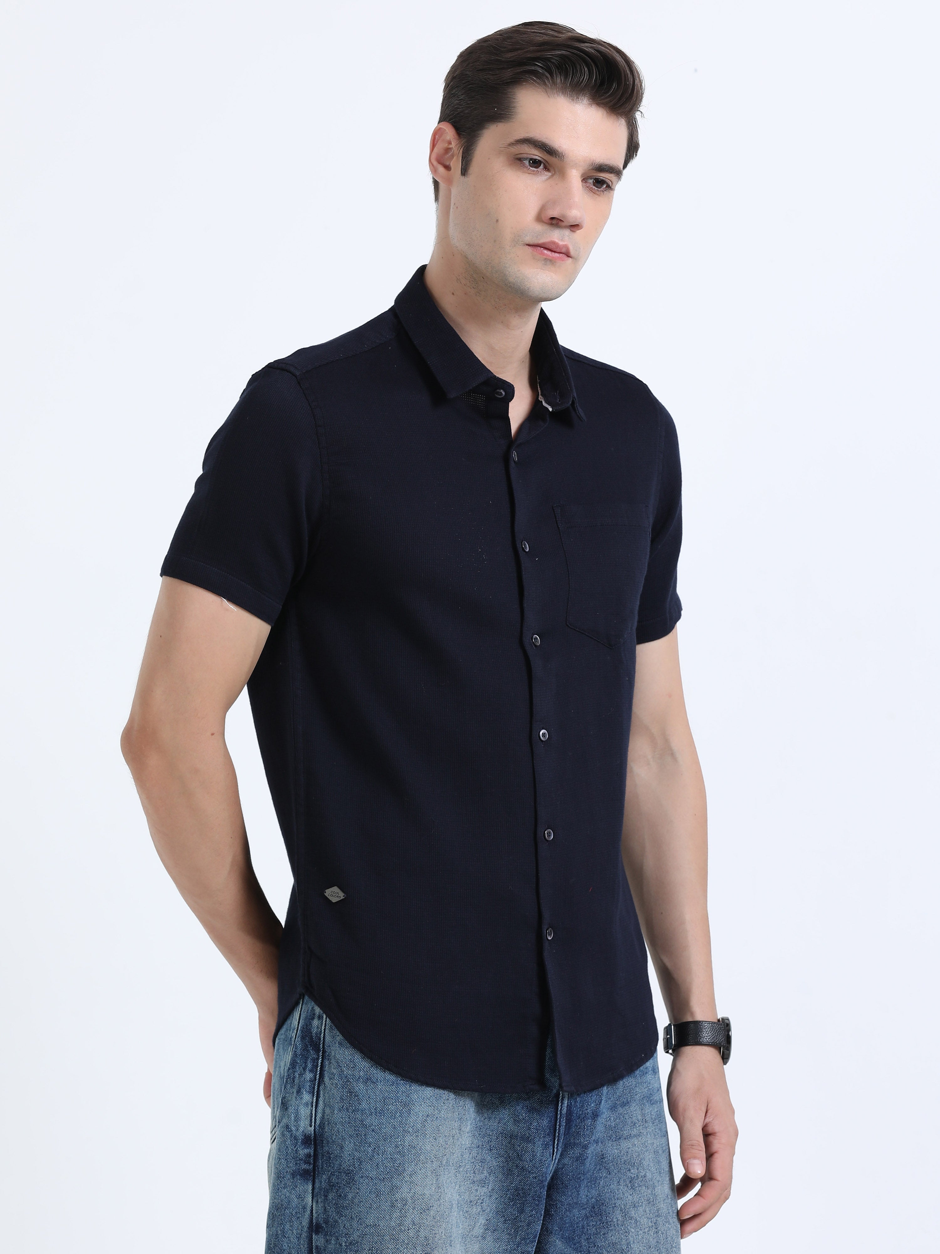 Men's Navy Slim Fit Dobby Half Sleeve Casual Shirt