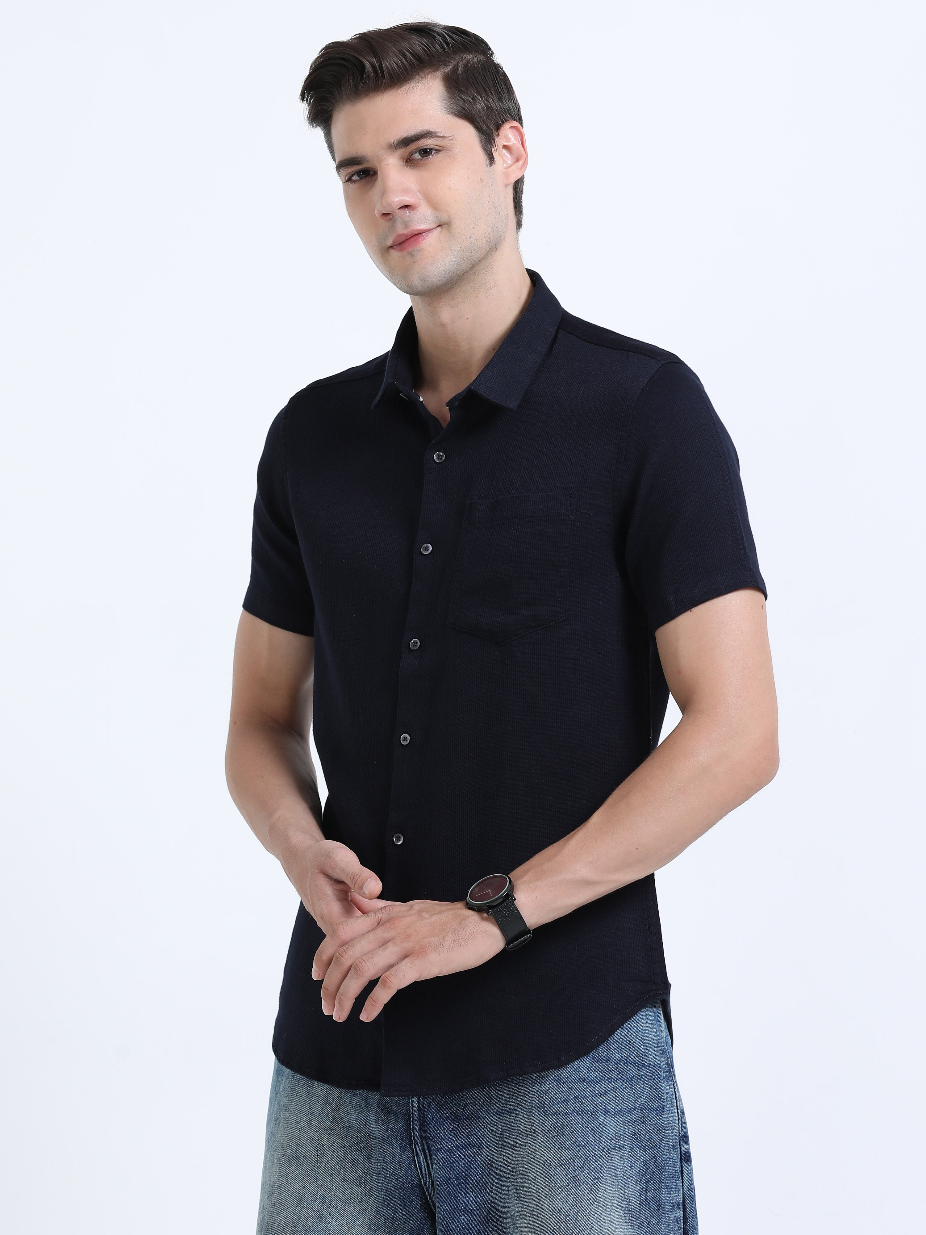 Men's Navy Slim Fit Dobby Half Sleeve Casual Shirt