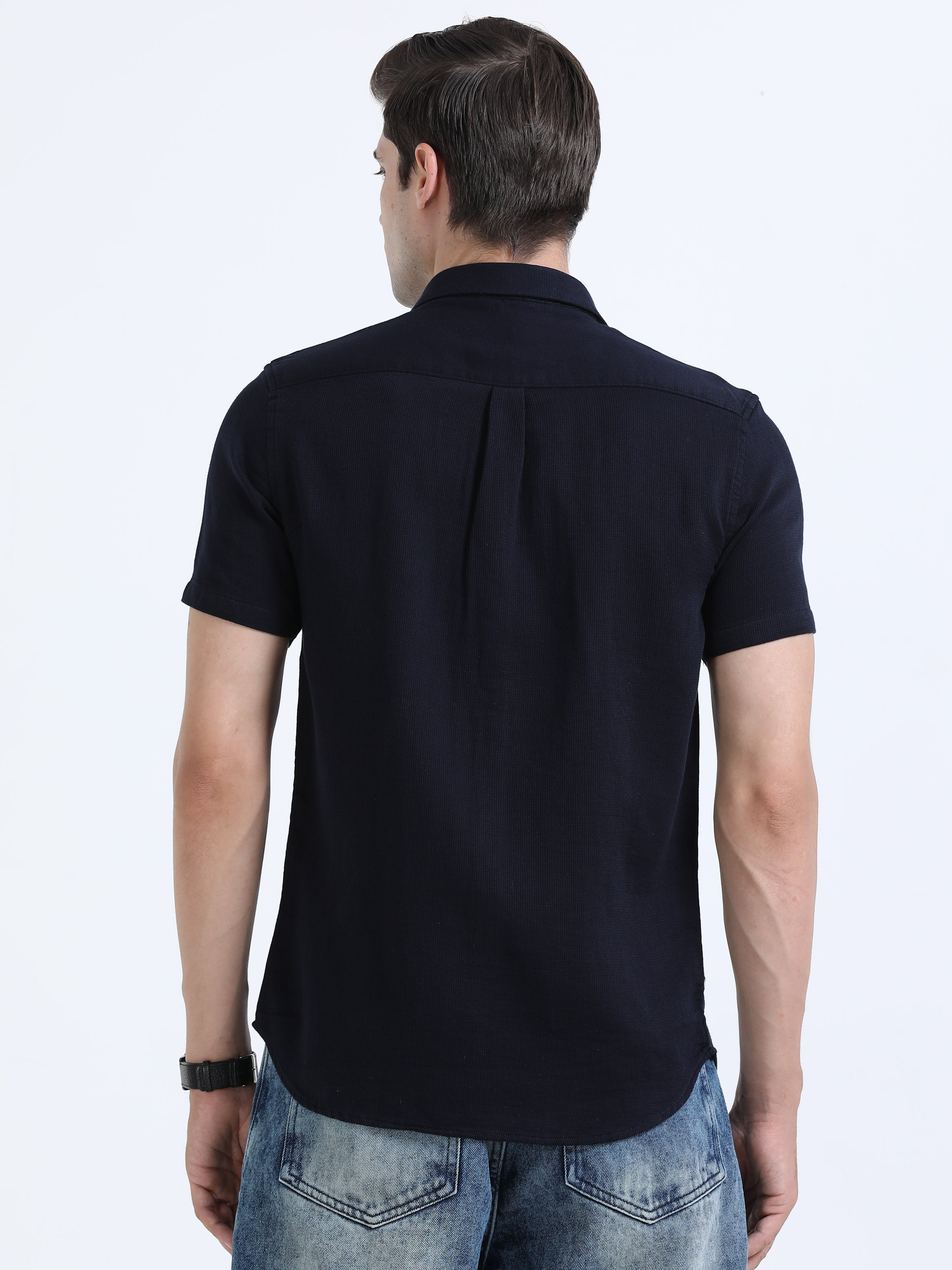 Men's Navy Slim Fit Dobby Half Sleeve Casual Shirt